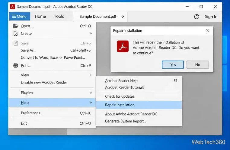 Adobe Acrobat Reader Help menu with Repair installation highlighted and a confirmation dialog open.