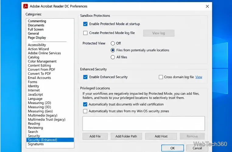Acrobat Reader Preferences on Security Enhanced with Enable Protected Mode at startup checked.