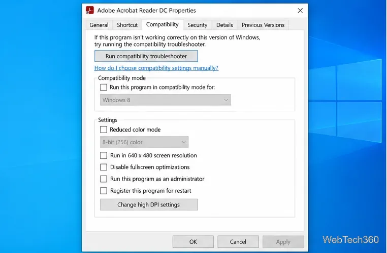 Windows Properties dialog on the Compatibility tab with Run this program in compatibility mode unchecked.