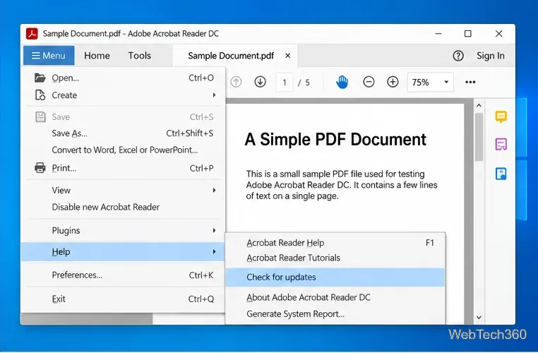 Adobe Acrobat Reader Help menu open with Check for updates highlighted.