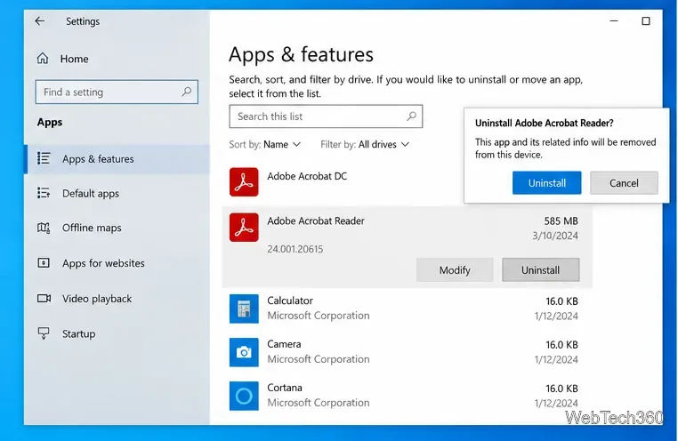 Windows 10 Apps and features with Adobe Acrobat Reader selected and an uninstall confirmation open.