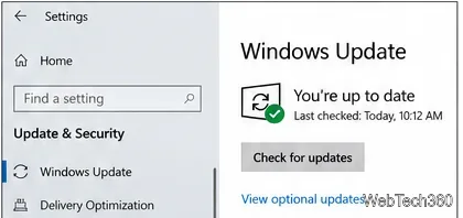 Windows 10 Update and Security settings showing the Windows Update page and Check for updates button