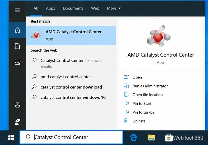 Windows 10 Start search showing AMD Catalyst Control Center with the Open command