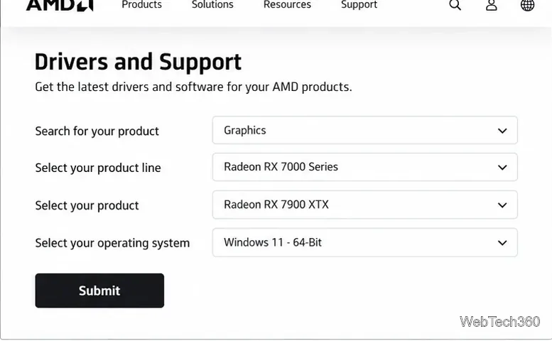 Страница драйверов и поддержки AMD с полями выбора семейства продуктов Radeon и Windows.