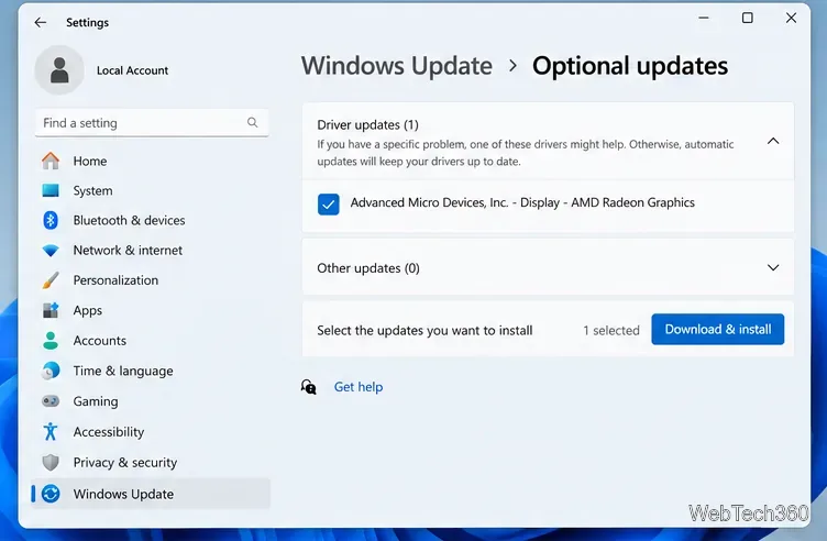 Страница дополнительных обновлений Windows 11 с выбранным драйвером AMD Radeon Graphics