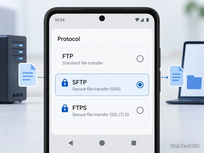 يُظهر مُحدد البروتوكول التوضيحي بروتوكول FTP بدون قفل وبروتوكول SFTP عبر SSH وبروتوكول FTPS عبر TLS مع أيقونات القفل.