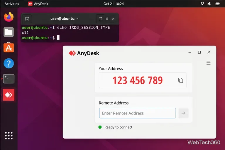 AnyDesk running on Ubuntu beside a terminal showing X11 as the active Linux desktop session type