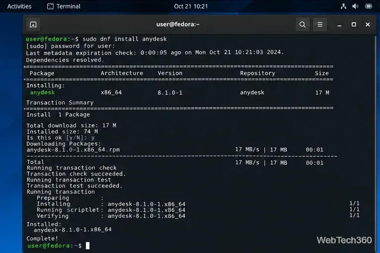 Fedora terminal installing the AnyDesk RPM package with the dnf package manager
