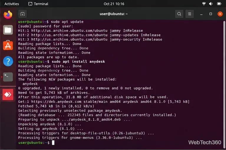Ubuntu terminal installing AnyDesk with apt after the official repository has been configured
