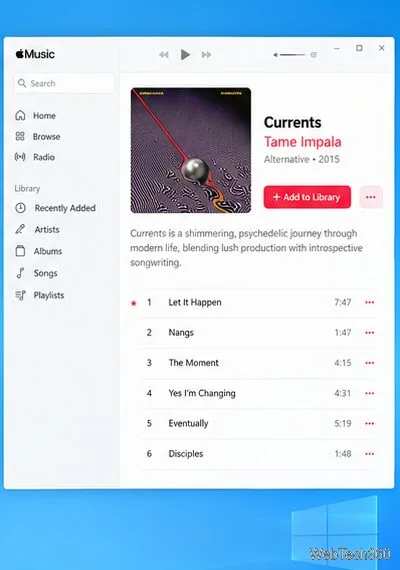 Page de l'album sur Apple Music avec illustration, liste des titres et bouton « Ajouter à la bibliothèque ».