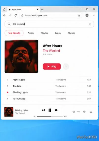 Lecteur web Apple Music avec résultats de recherche d'artistes, pochettes d'albums et commandes de lecture
