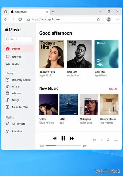 Page d'accueil du lecteur web Apple Music avec les options Parcourir, Bibliothèque, vignettes d'albums et barre de lecture
