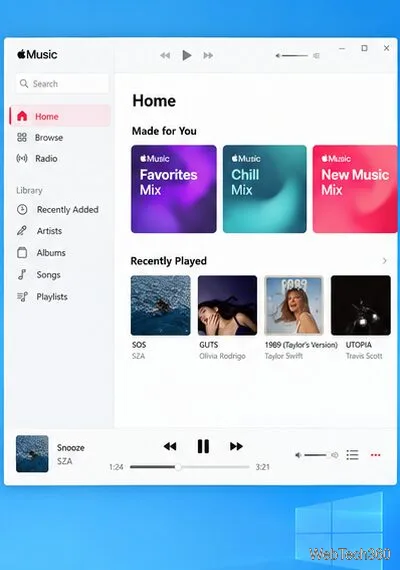 Page d'accueil d'Apple Music avec des vignettes de recommandations et des commandes de lecture