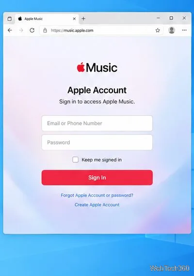 Navigateur ouvert sur music.apple.com avec formulaire de connexion à un compte Apple