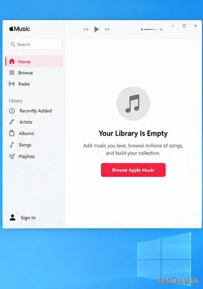 L'application Apple Music pour Windows affiche une bibliothèque vide et un bouton de connexion dans la barre latérale.