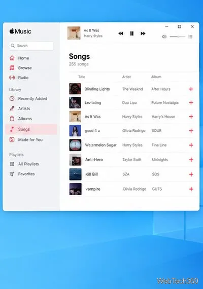 Bibliothèque musicale Apple Music avec commandes « + » à la fin des lignes de chansons