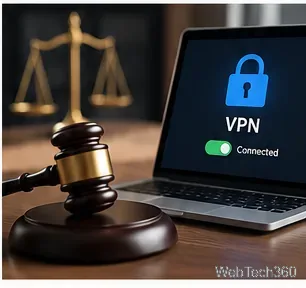 مطرقة قاضٍ بجانب جهاز كمبيوتر محمول يعرض رمز اتصال VPN