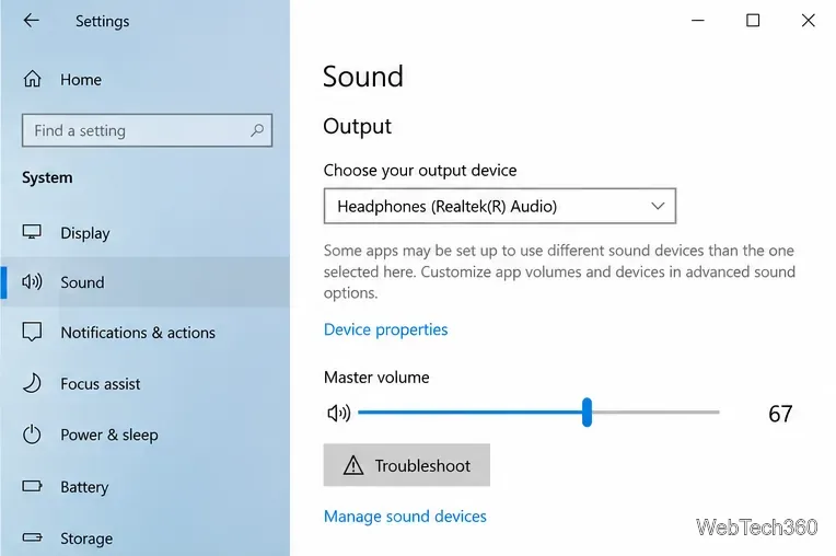 Windows 10 Sound settings with Headphones selected as the output device
