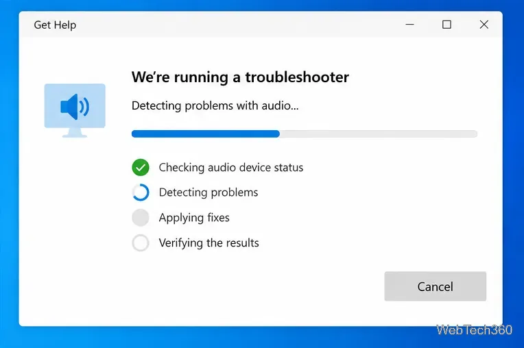Windows Get Help app running an audio troubleshooter