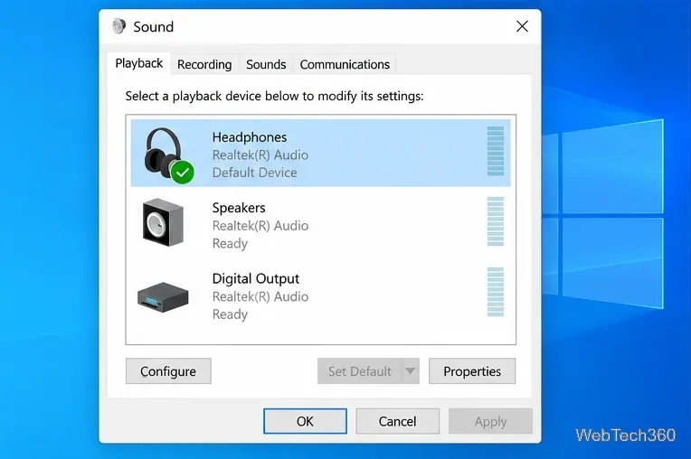 Windows 10 Sound Control Panel showing Headphones as the default playback device
