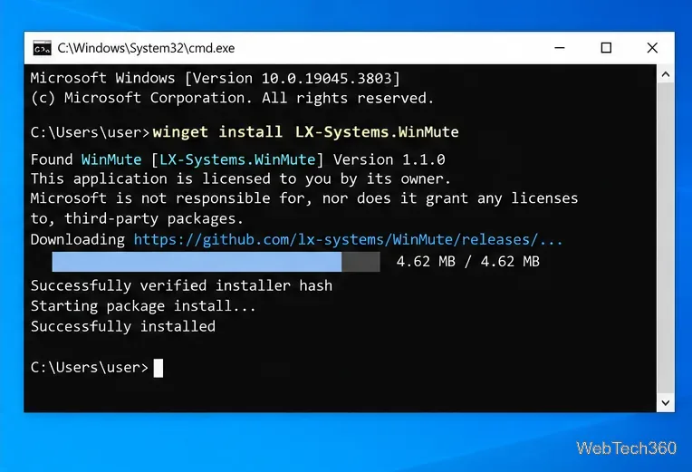 موجه أوامر ويندوز يعرض أمر تثبيت winget install LX-Systems.WinMute