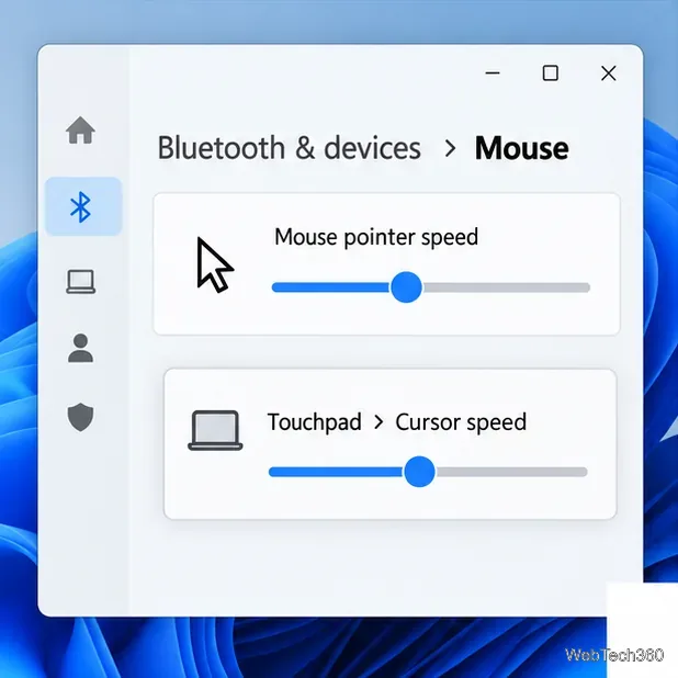 Controalele pentru viteza cursorului mouse-ului și ale touchpad-ului din Windows 11 sunt prezentate pentru comparație
