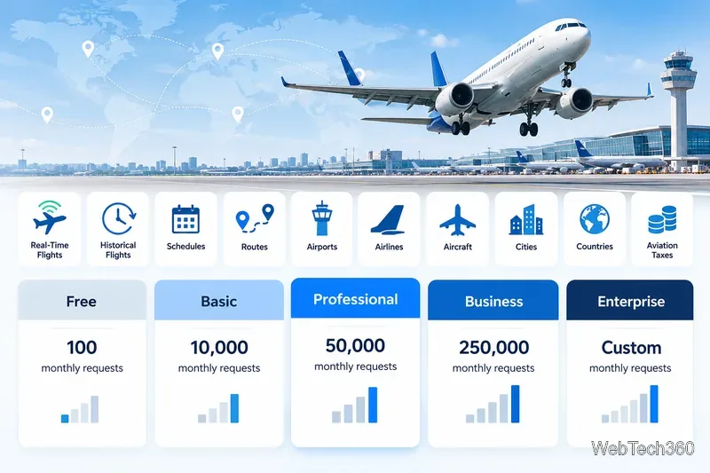 航空データに関するインフォグラフィック。サポートされているデータカテゴリと、プランごとの現在の Aviationstack 月間リクエスト割り当て量を示しています。