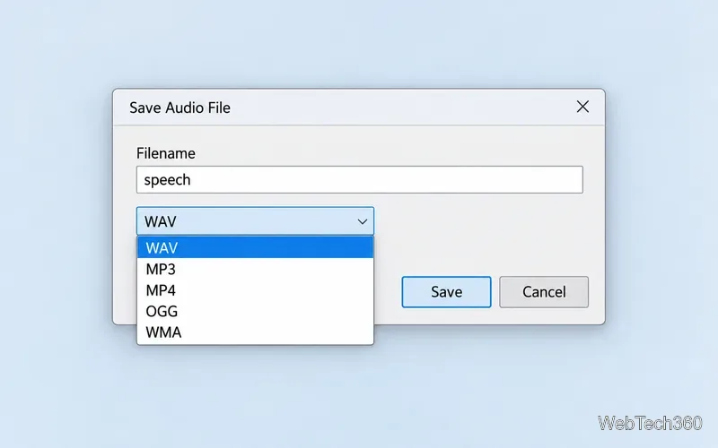 Casetă de dialog ilustrativă Salvare audio care prezintă opțiunile WAV, MP3, MP4, OGG și WMA