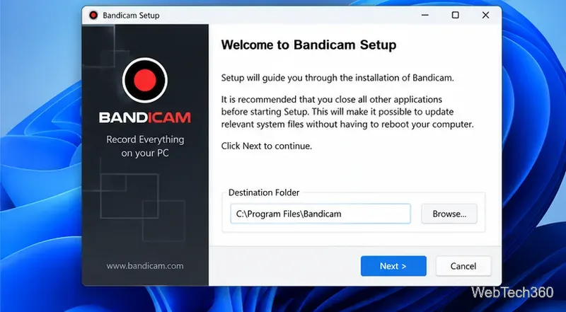 Windows上のBandicamセットアップウィンドウにインストールフォルダと「次へ」ボタンが表示されます。