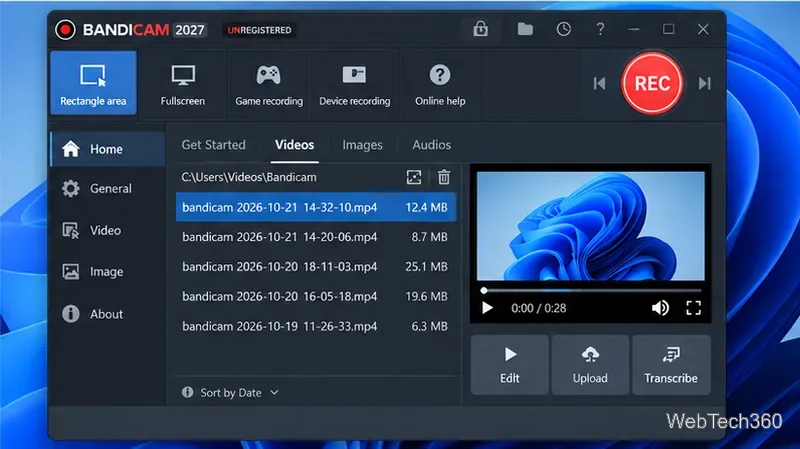 Bandicamのビデオエリアには、録画ファイル、ビデオプレビュー、編集、アップロード、文字起こしのコントロールが表示されます。
