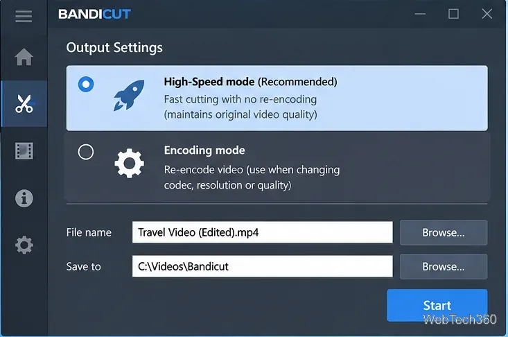 Bandicutの出力設定（高速モード、エンコードモード、ファイル名、保存フォルダを表示）