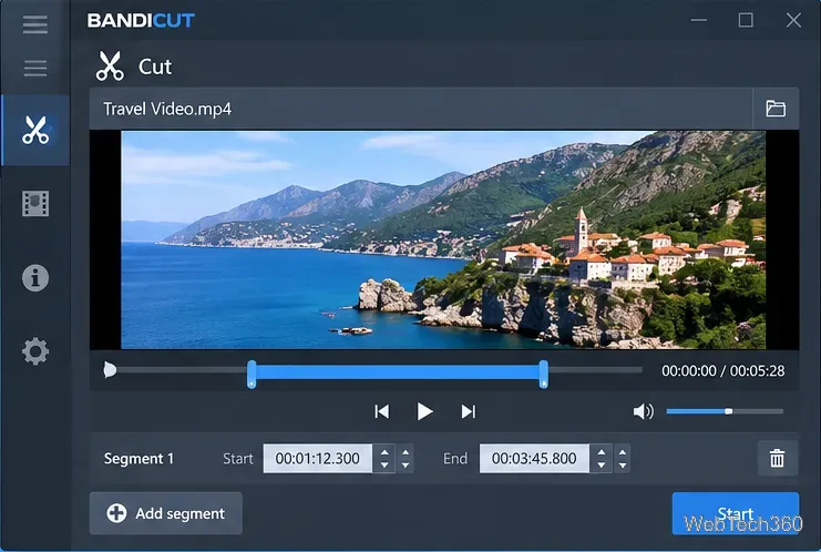 Bandicutのカットワークスペースには、ビデオプレビュー、選択されたタイムライン範囲、および開始ボタンが表示されます。