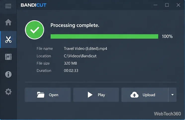 Bandicutの処理完了画面には、「開く」、「再生」、「アップロード」のコントロールが表示されています。