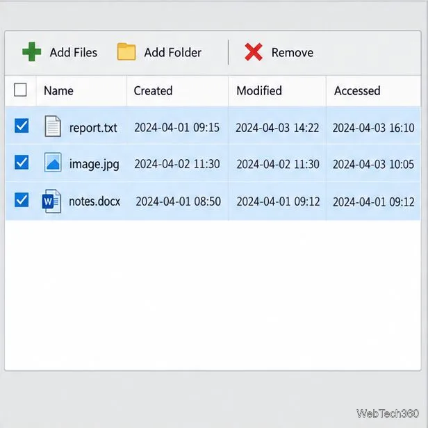 Trei fișiere exemplu selectate într-o listă de utilitare timestamp, cu coloanele lor de dată vizibile.