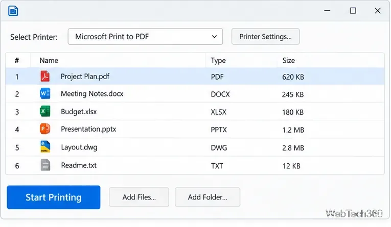 Janela de impressão ilustrativa com a opção "Imprimir em PDF" do Microsoft Print selecionada e o botão "Iniciar Impressão" visível.