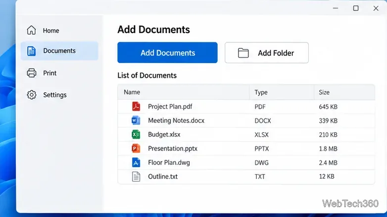 Exemplos ilustrativos dos controles Adicionar Documentos e Adicionar Pasta acima de uma Lista de Documentos com formatos mistos.