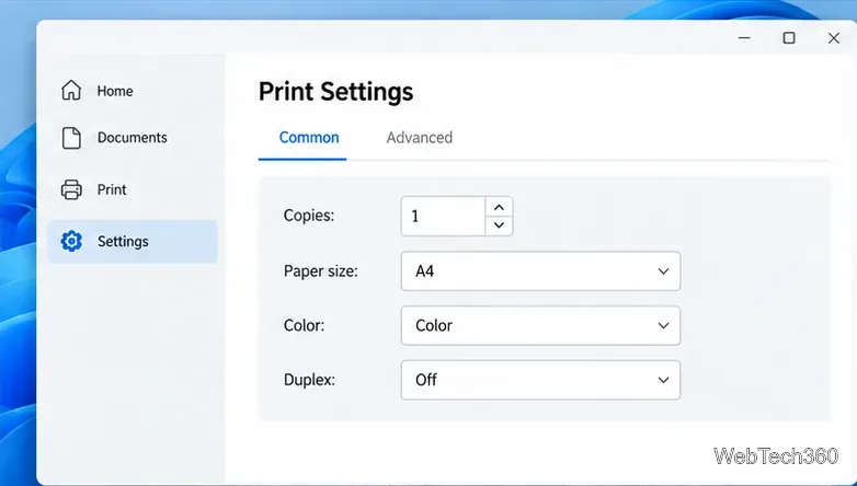 Configurações de impressão comuns ilustrativas para cópias, tamanho do papel, cor e impressão frente e verso.