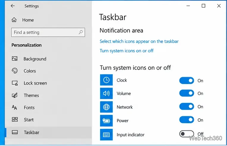 Windows 10 Taskbar settings with the Power system icon switched on