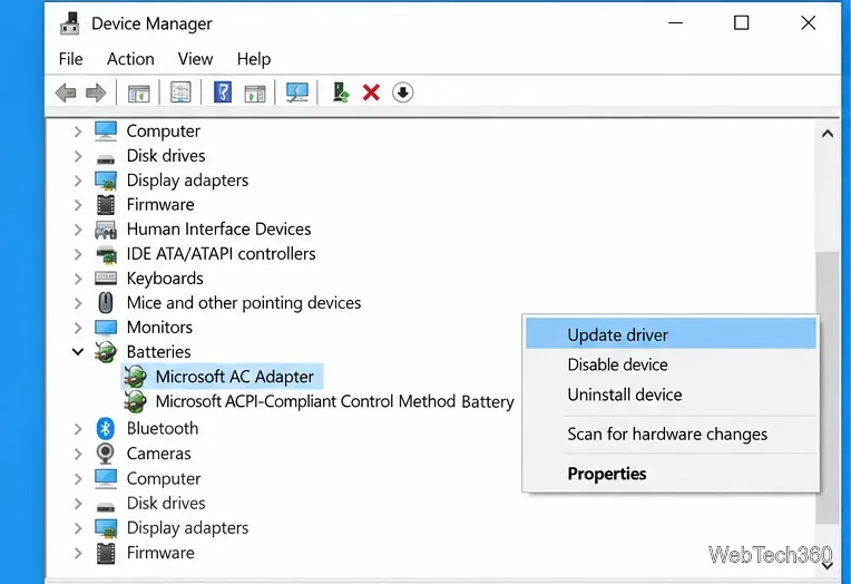 Windows 10 Device Manager with Batteries expanded and Microsoft AC Adapter selected