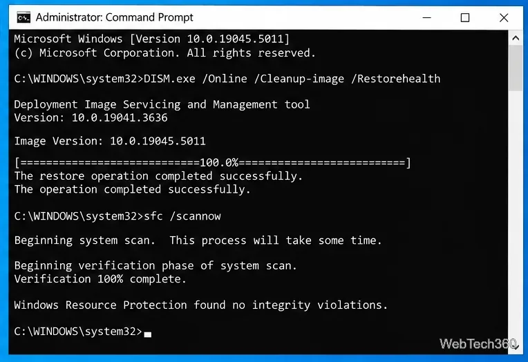 Administrator Command Prompt in Windows 10 showing DISM and SFC repair commands
