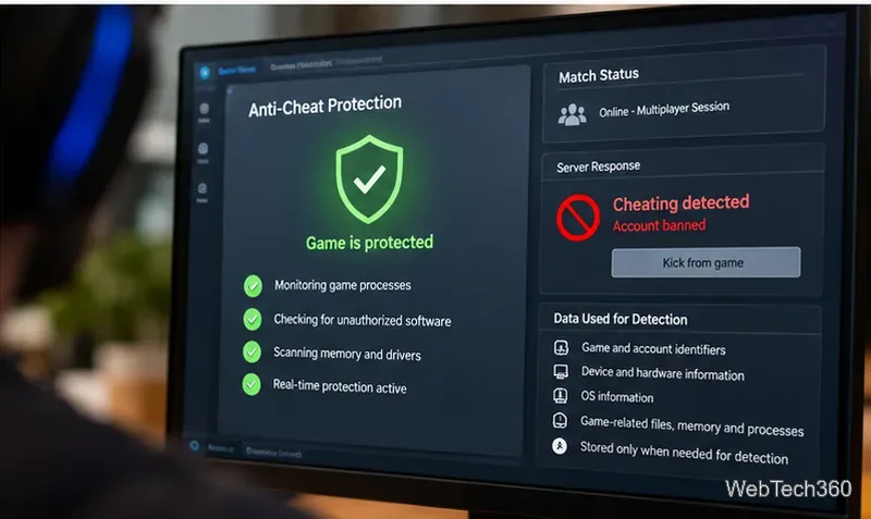 Anti-cheat protection dashboard showing game protection, monitored processes, system information, and a cheating response
