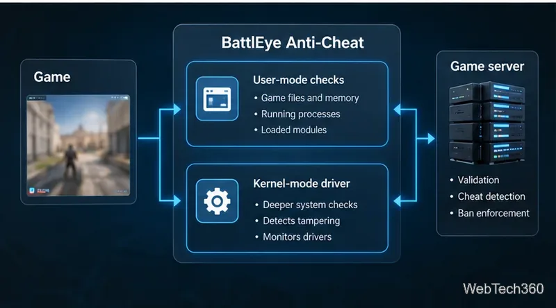 Diagram showing a game, BattlEye user-mode checks, kernel-mode driver, and game server