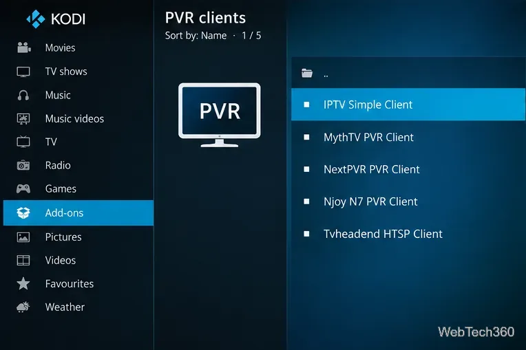 KodiスタイルのPVRクライアント画面で、リスト内のIPTV Simple Clientがハイライト表示される。