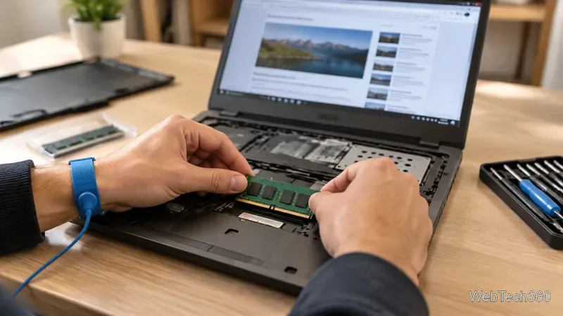 Hands installing a RAM module in an older laptop while a browser page is visible in the background