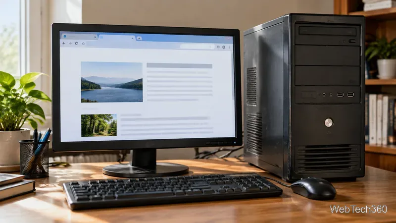 An older desktop computer and monitor displaying a simple webpage with a few browser tabs