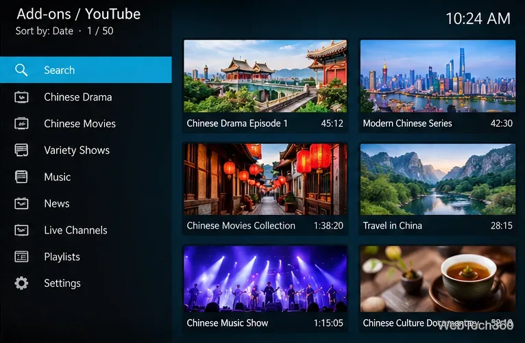 Kodi風のYouTube動画ブラウザで、中国のドラマ、映画、旅行、音楽、文化といったカテゴリを表示します。