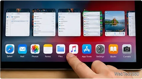Schermata dell'iPad che mostra le miniature di diverse app recenti sopra una barra delle applicazioni mentre un dito tocca lo schermo