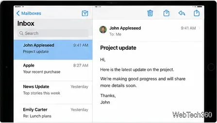 Schermata in stile Mail per iPad con l'elenco della posta in arrivo a sinistra e un messaggio email aperto a destra.