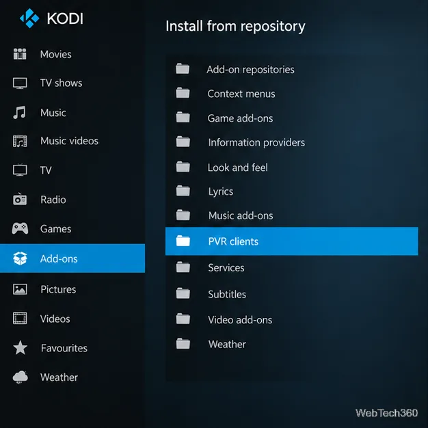 PVRクライアントがハイライト表示されたKodiリポジトリのカテゴリ。