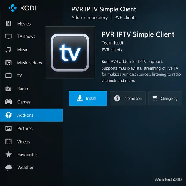 KodiのPVR IPTVシンプルクライアントの詳細ページ。インストールボタンがハイライト表示されています。